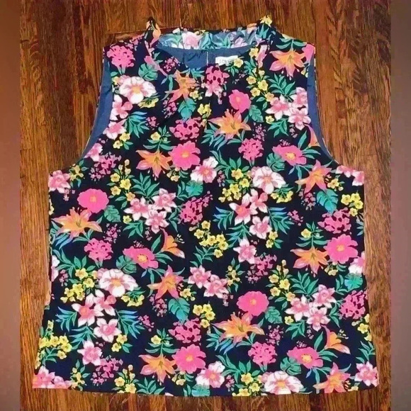 JCREW Ruffle Neck Sleeveless Floral Blouse in Navy, Pink, Green and Yellow - Picture 4 of 9